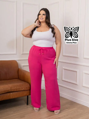Calça Pantalona Cós Elástico Com Bolsos Confortável Plus Size - Amma Plus
