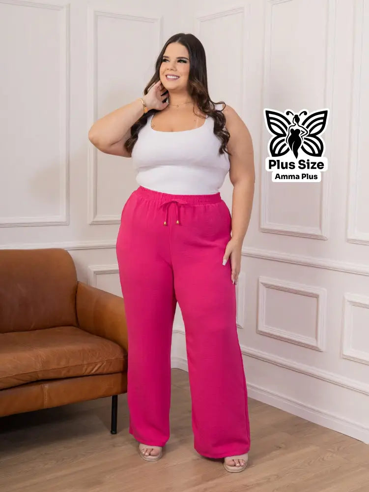 Calça Pantalona Cós Elástico Com Bolsos Confortável Plus Size - Amma Plus