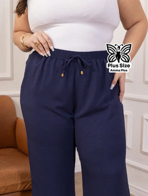 Calça Pantalona Cós Elástico Com Bolsos Confortável Plus Size - Amma Plus