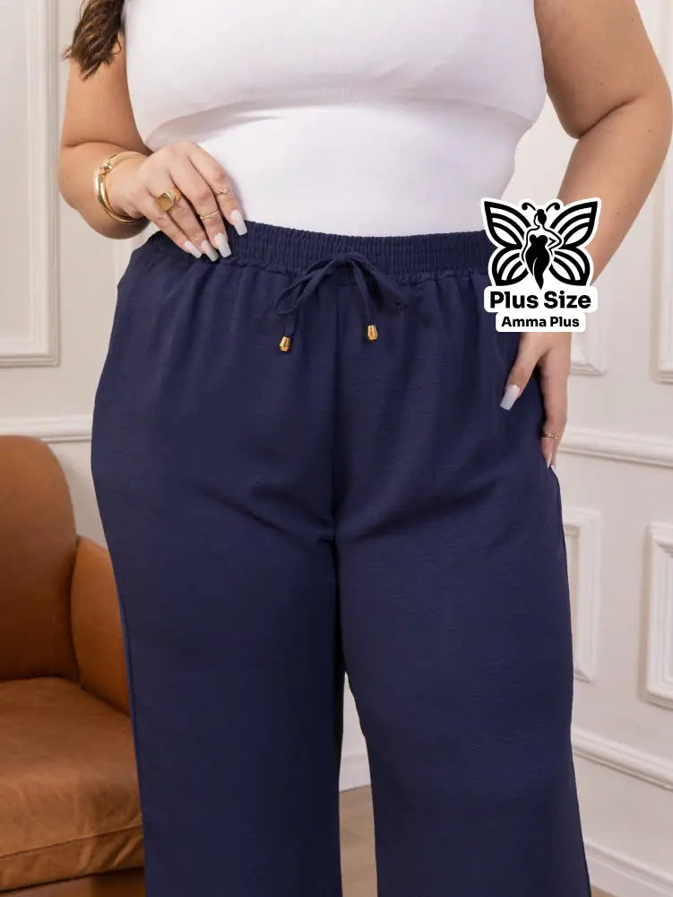 Calça Pantalona Cós Elástico Com Bolsos Confortável Plus Size - Amma Plus