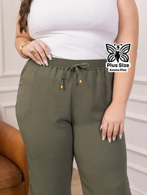 Calça Pantalona Cós Elástico Com Bolsos Confortável Plus Size - Amma Plus