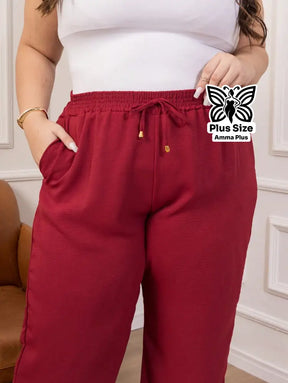 Calça Pantalona Cós Elástico Com Bolsos Confortável Plus Size - Amma Plus