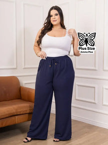 Calça Pantalona Cós Elástico Com Bolsos Confortável Plus Size - Amma Plus