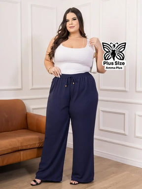 Calça Pantalona Cós Elástico Com Bolsos Confortável Plus Size - Amma Plus
