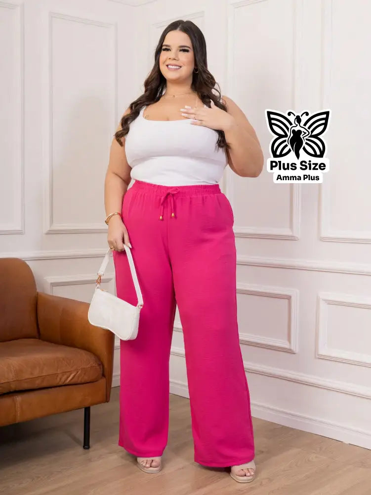 Calça Pantalona Cós Elástico Com Bolsos Confortável Plus Size - Amma Plus