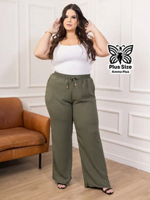 Calça Pantalona Cós Elástico Com Bolsos Confortável Plus Size - Amma Plus