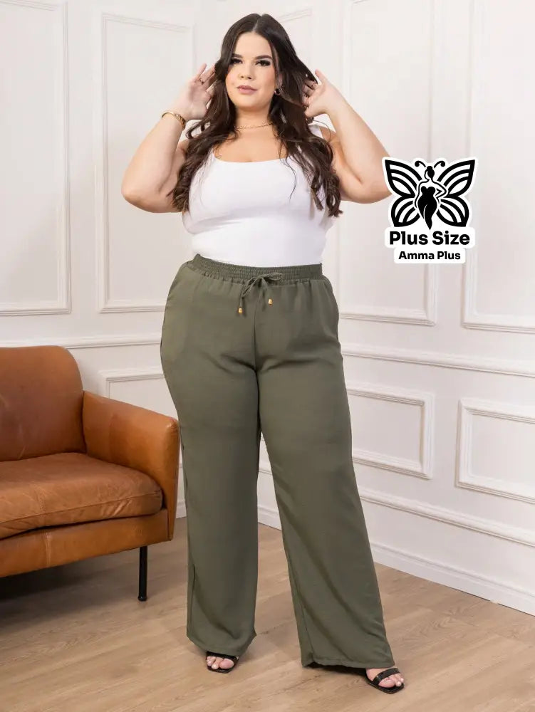 Calça Pantalona Cós Elástico Com Bolsos Confortável Plus Size - Amma Plus