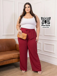 Calça Pantalona Cós Elástico Com Bolsos Confortável Plus Size - Amma Plus