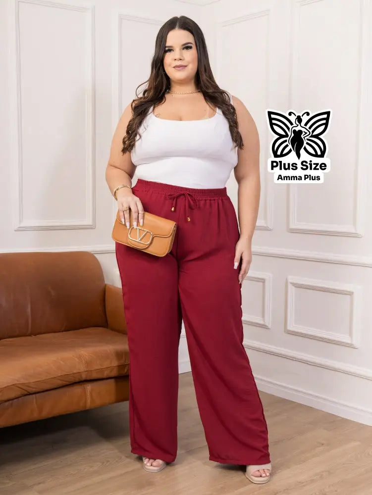 Calça Pantalona Cós Elástico Com Bolsos Confortável Plus Size - Amma Plus