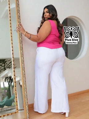 Calça Pantalona Viscolinho Com Fenda Lateral Elegante Plus Size - Amma Plus