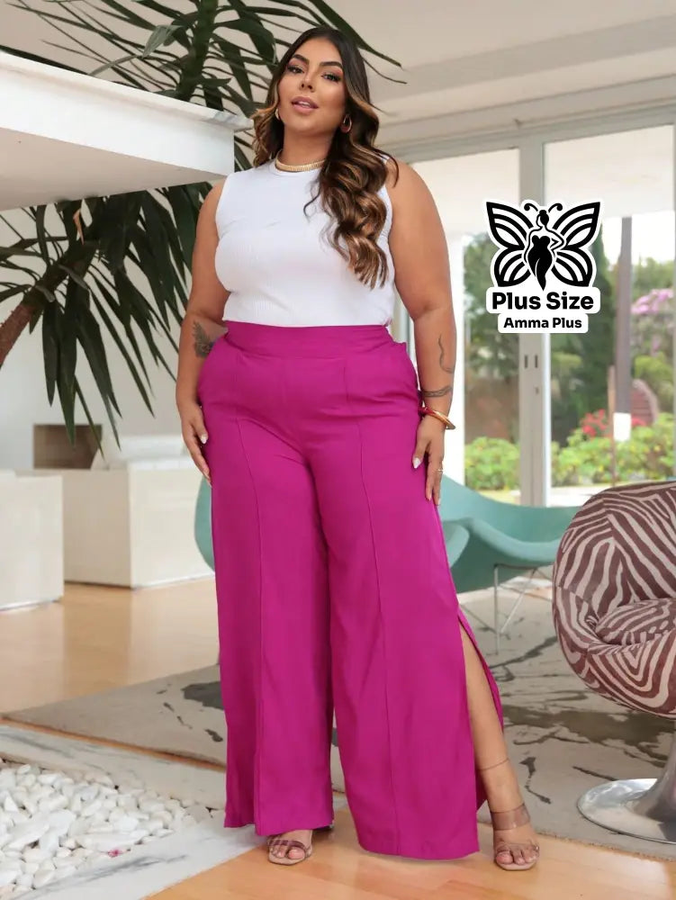 Calça Pantalona Viscolinho Com Fenda Lateral Elegante Plus Size - Amma Plus