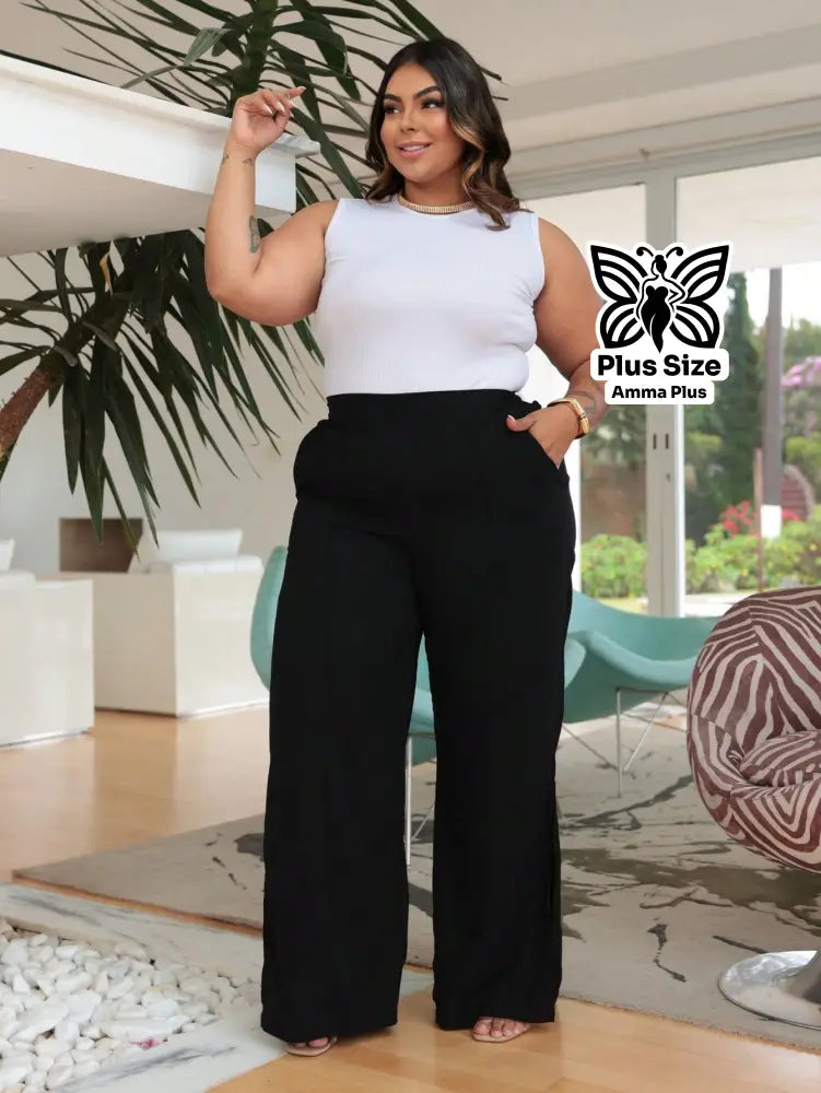 Calça Pantalona Viscolinho Com Fenda Lateral Elegante Plus Size - Amma Plus