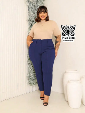 Calça Skinny Alfaiatada Com Botões E Bolsos Plus Size - Amma Plus