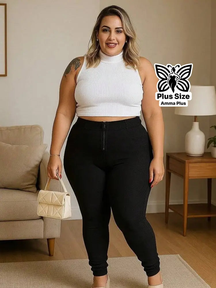 Calça Skinny Justa Com Zíper Frente Confortável Plus Size - Amma Plus
