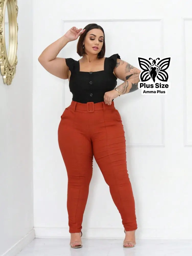 Calça Social Skinny Cintura Alta Com Cinto Elegante Plus Size - Amma Plus