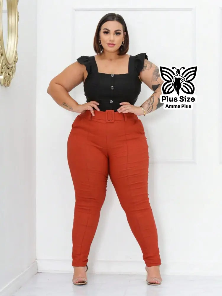 Calça Social Skinny Cintura Alta Com Cinto Elegante Plus Size - Amma Plus