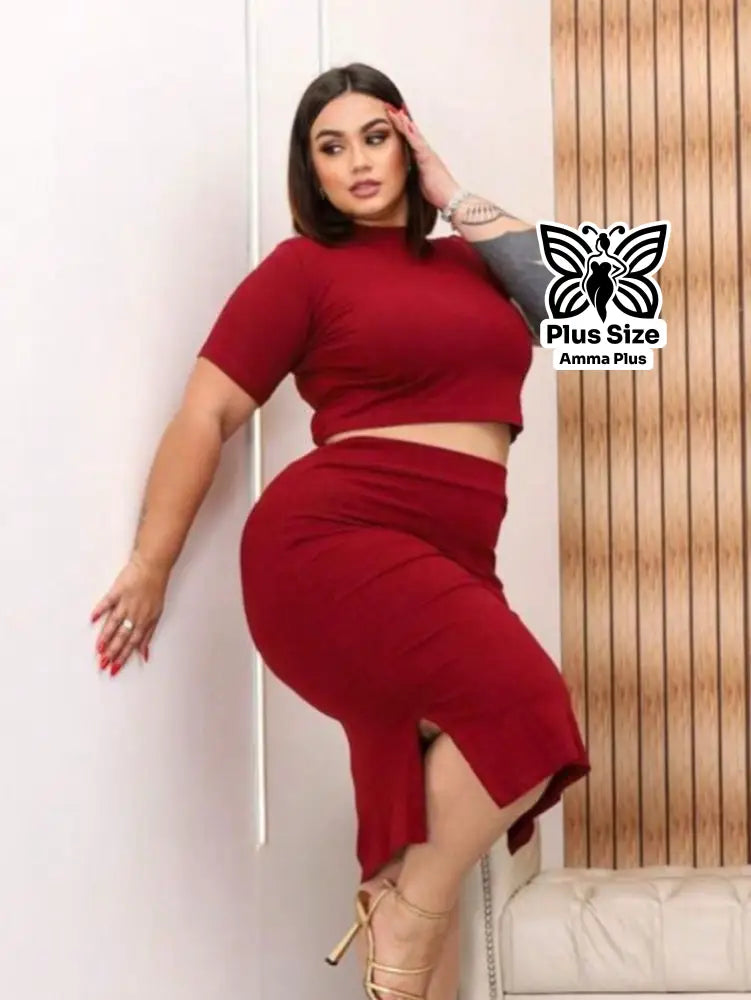 Conjunto Blusa Canelada Com Saia Justa Plus Size - Amma Plus