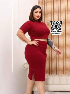 Conjunto Blusa Canelada Com Saia Justa Plus Size - Amma Plus