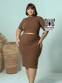 Conjunto Blusa Canelada Com Saia Justa Plus Size - Amma Plus