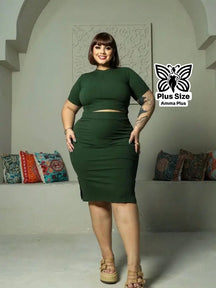 Conjunto Blusa Canelada Com Saia Justa Plus Size - Amma Plus