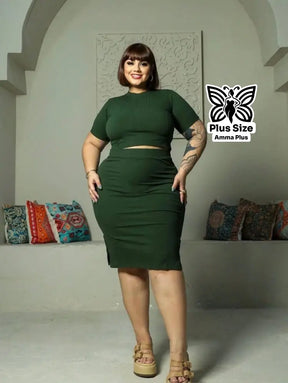 Conjunto Blusa Canelada Com Saia Justa Plus Size - Amma Plus