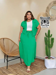 Conjunto Blusa Com Botões E Saia Longa Plus Size - Amma Plus