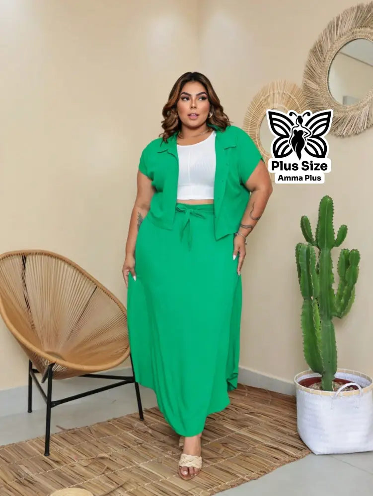 Conjunto Blusa Com Botões E Saia Longa Plus Size - Amma Plus