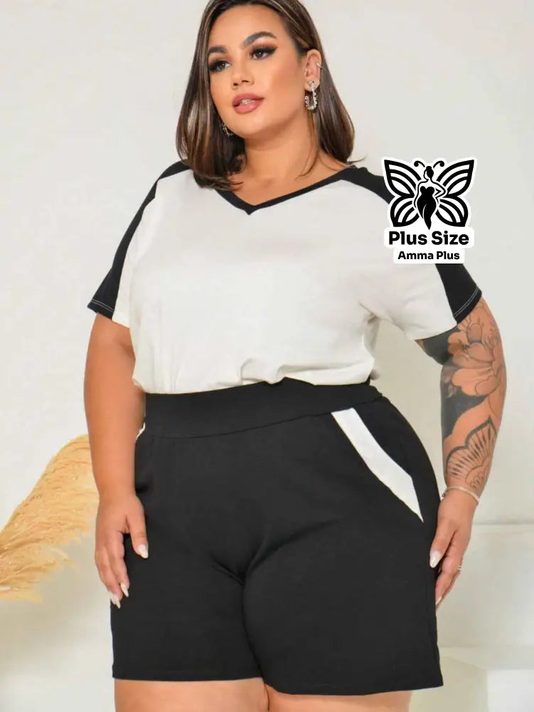 Conjunto Blusa Decote V Com Short Esportivo Plus Size