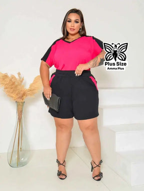 Conjunto Blusa Decote V Com Short Esportivo Plus Size
