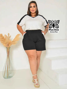 Conjunto Blusa Decote V Com Short Esportivo Plus Size