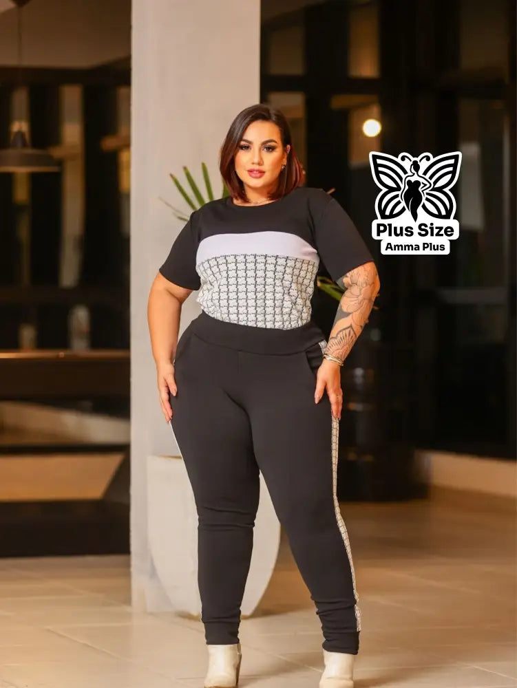 Conjunto Blusa Estampada Com Calça Justa Plus Size - Amma Plus