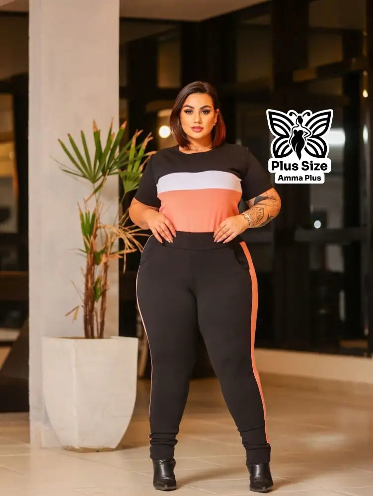 Conjunto Blusa Estampada Com Calça Justa Plus Size - Amma Plus