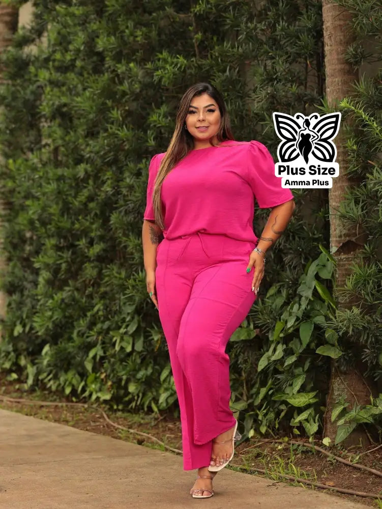 Conjunto Blusa Manga Curta Com Calça Reta Plus Size - Amma Plus