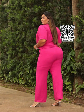 Conjunto Blusa Manga Curta Com Calça Reta Plus Size - Amma Plus