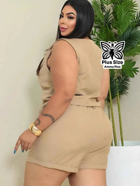 Conjunto Blusa Sem Manga Com Botões E Short Plus Size