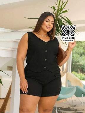 Conjunto Blusa Sem Manga Com Botões E Short Plus Size