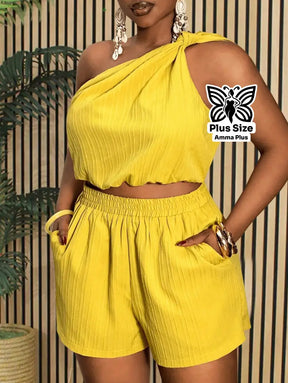 Conjunto Blusa Um Ombro Só Com Short Solto Plus Size - Amma Plus