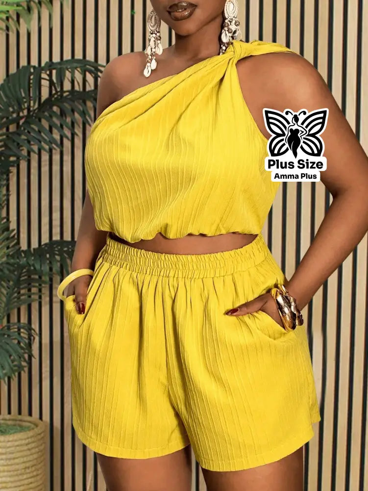 Conjunto Blusa Um Ombro Só Com Short Solto Plus Size - Amma Plus