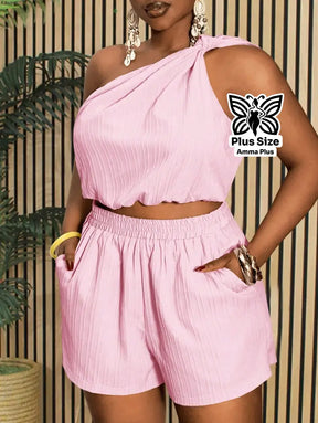 Conjunto Blusa Um Ombro Só Com Short Solto Plus Size - Amma Plus