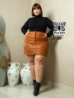 Conjunto Body Manga Longa Com Saia De Couro Plus Size - Amma Plus