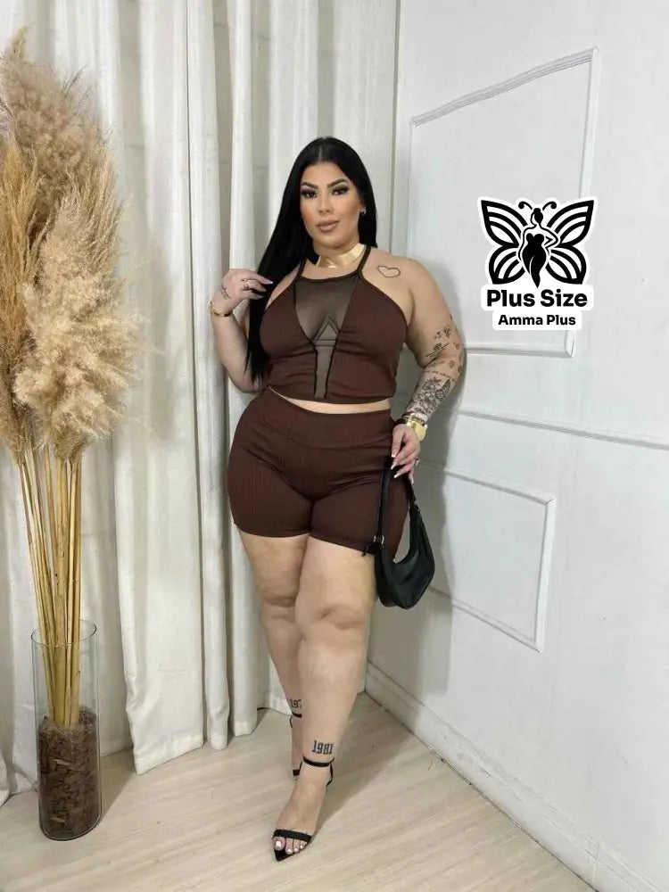 Conjunto Cropped Com Transparência E Short Plus Size