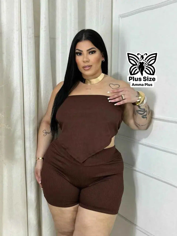 Conjunto Cropped Faixa Assimétrico E Short Plus Size