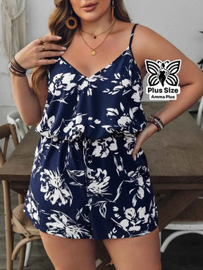 Macaquinho Curto Estampa de Folhas Com Alças Finas Plus Size