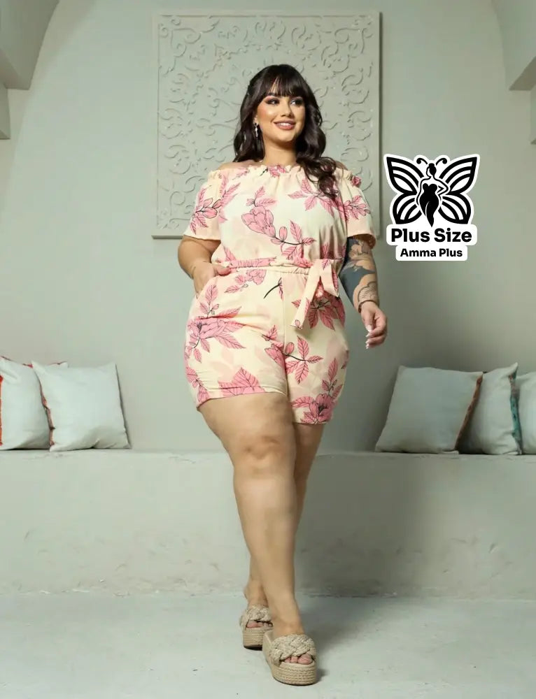 Macaquinho Estampado Ombro A Ombro Com Amarração Plus Size - Amma Plus