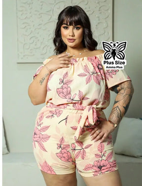 Macaquinho Estampado Ombro A Ombro Com Amarração Plus Size - Amma Plus