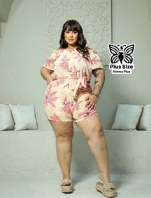 Macaquinho Estampado Ombro A Ombro Com Amarração Plus Size - Amma Plus