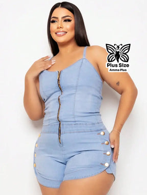 Macaquinho Jeans Curto Com Botões Laterais Plus Size - Amma Plus