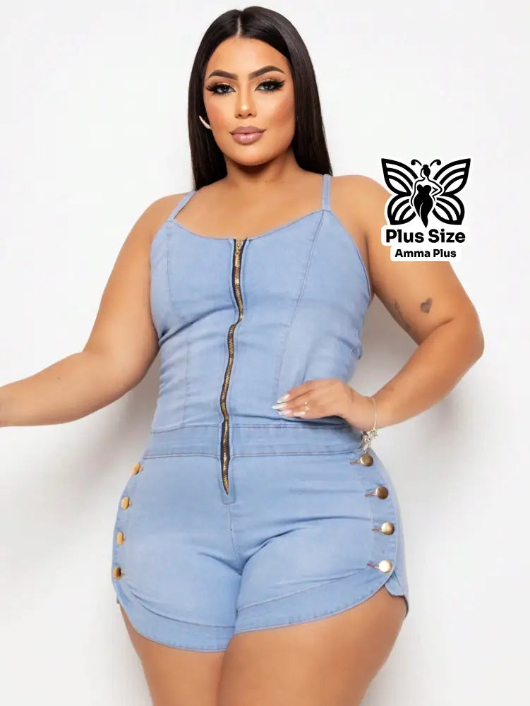 Macaquinho Jeans Curto Com Botões Laterais Plus Size - Amma Plus