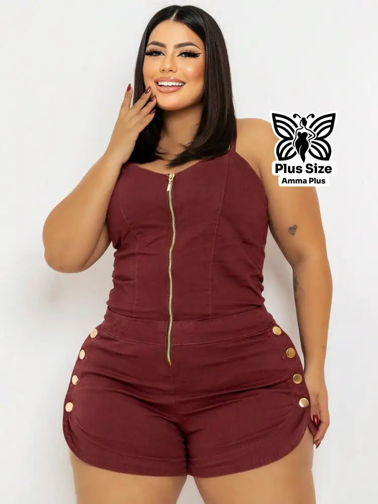 Macaquinho Jeans Curto Com Botões Laterais Plus Size - Amma Plus