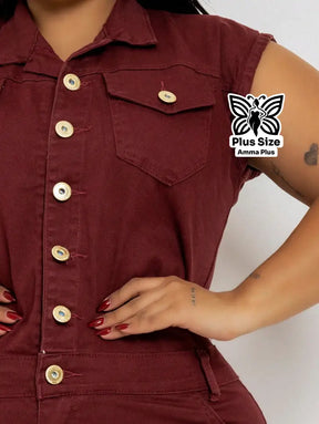 Macaquinho Jeans Sem Manga Com Botões Frontais Plus Size - Amma Plus